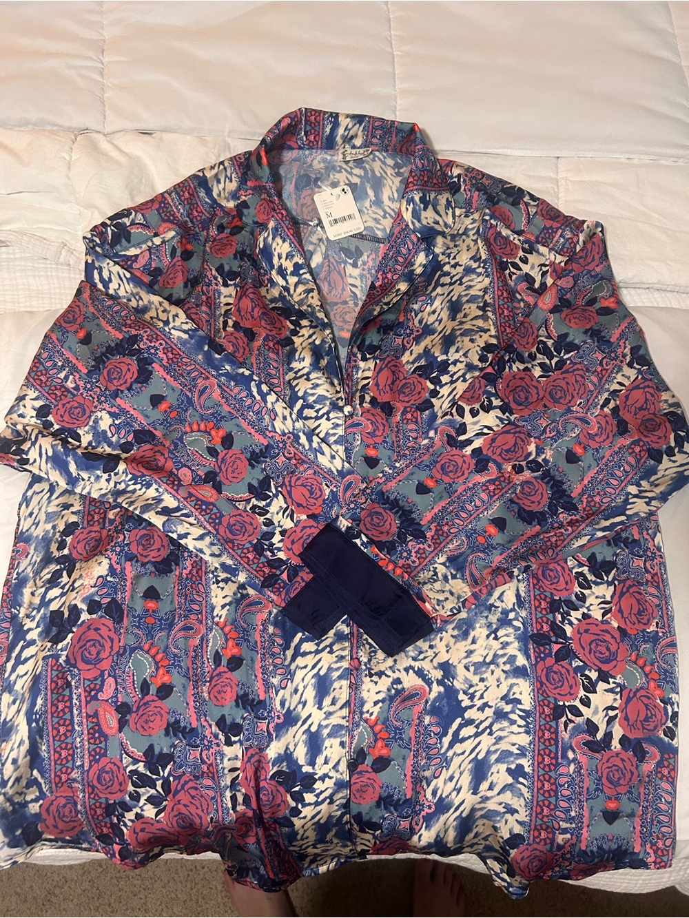 Free People Pink & Blue Floral Wide-Leg Satin Pajamas - Picture 3 of 6